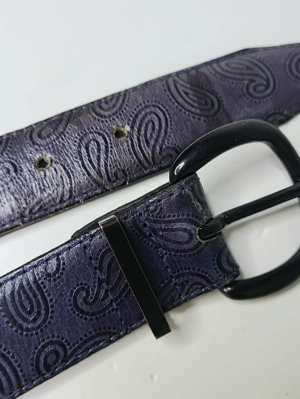 Just Jamie Tooled Paisley Navy Distressed  Italian Calfskin Leather Vintage Belt